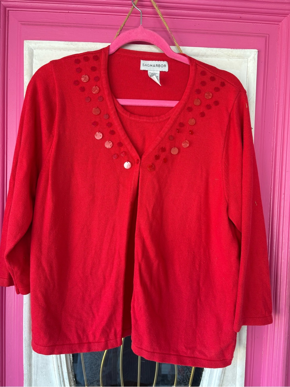 Sag Harbor Red Women's Sweater Cardigan with Sequin Detail